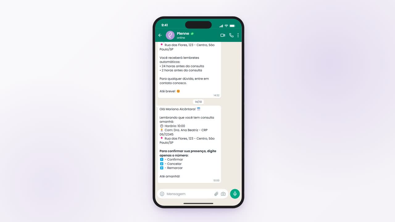 Paciente responde 1 no WhatsApp e a sessão aparece confirmada na agenda